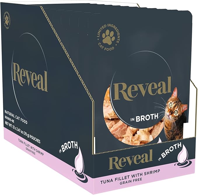 Reveal Natural Wet Cat Food, 12 Count, Grain Free, Limited Ingredient Cat Food Pouches, Tuna with Shrimp in Broth, 2.47 oz Pouches