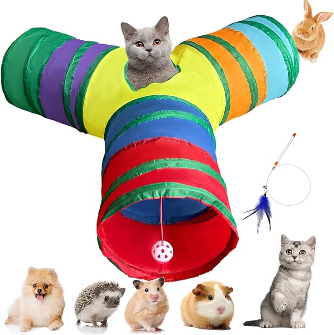 Cat Tunnel Tube Toys, Rainbow Tunnels for Indoor Cats, 3 Way Collapsible Interactive Toy Maze House with Peek Holes Dangling Ball for Rabbit, Kitten, Kitty, Puppy