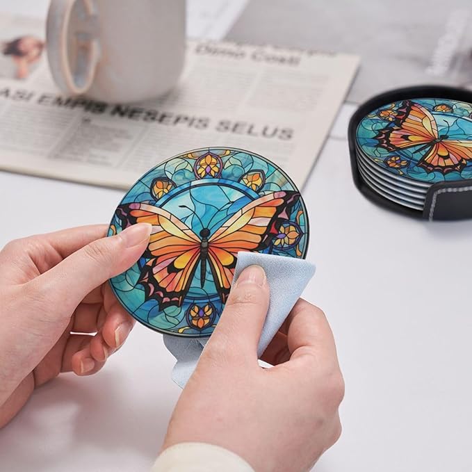Butterfly Drink Coaster Set of 6, Butterfly Decor Gifts, Leather Drink Coasters with Holder, 6 Pack Cup/Bar/Drink Coasters for Table/Drinks/Coffee Protection Housewarming Gift (Butterfly)
