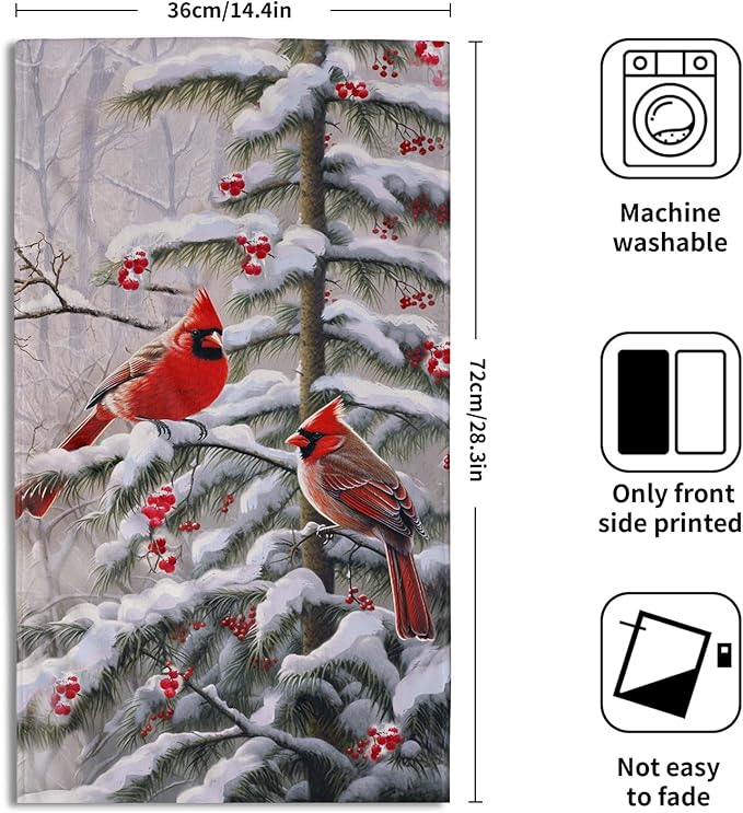 Red Bird Hand Towels Winter Berry Bathroom Decorative Bath Towels Set of 2 Soft Absorbent Dish Fingertip Towels for Home Kitchen Gym