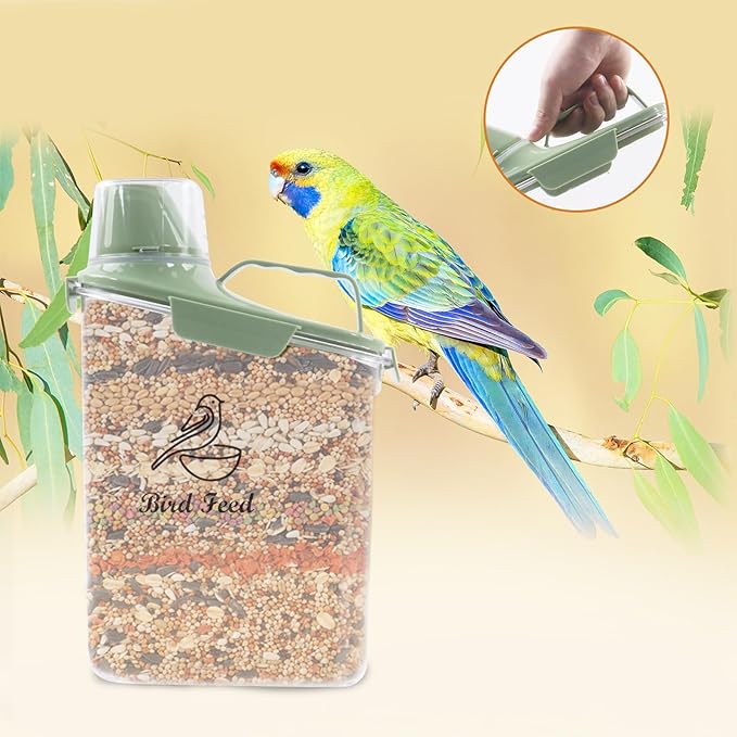 Bird Seed Storage Container,2.8L Airtight Bird Food Container with Handle and Measuring Cup,Portable Pet Food Container for Wild Bird Sunflower Seed-BPA Free Transparent/Green