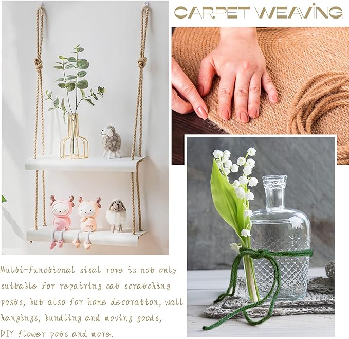 Sisal Rope for Cat Scratcher 1/4 Inch 50 Feet Cat Tree Rope Replacement Natural Hemp Rope, Thick Cat Scratching Post Rope for Indoor/Outdoor, Repairing, Recovering, DIY Scratcher (White)