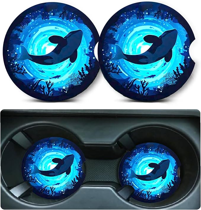 Car Coasters for Cup Holders,2 Pack Killer Whale Car Cup Holder Coasters,2.75" Universal Size Anti Slip Rubber Mat,Automotive Cup Holder Decal Decor Accessories,Whale Gifts for Women,Men,Mom