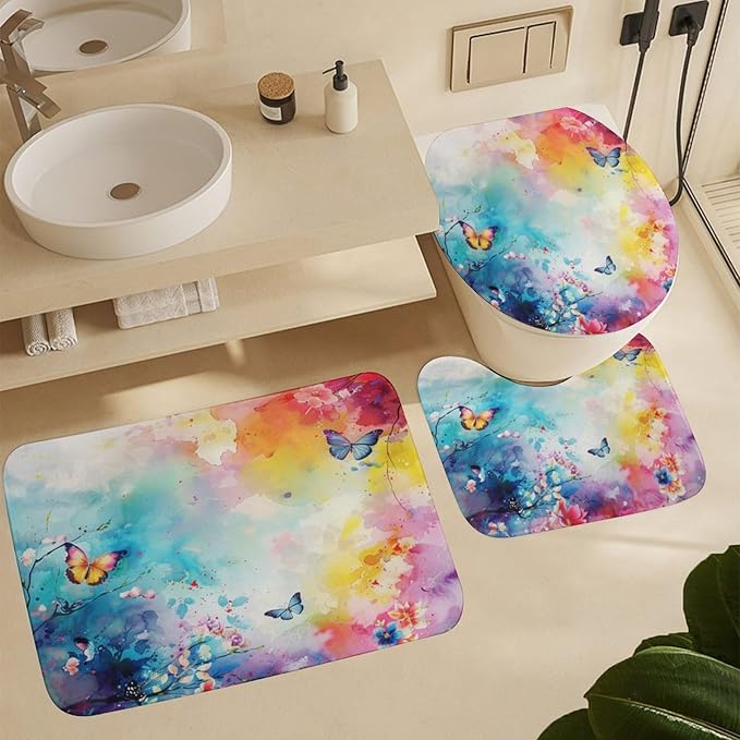 Brebasf Abstract Colorful Wildlife Butterfly Shower Curtain Set Bathroom Set Decorative Vintage Rustic Ink Tie Dye Florals Butterfly 4 Piece Shower Curtain, Toilet Cover, U-Mat, Floor Mat