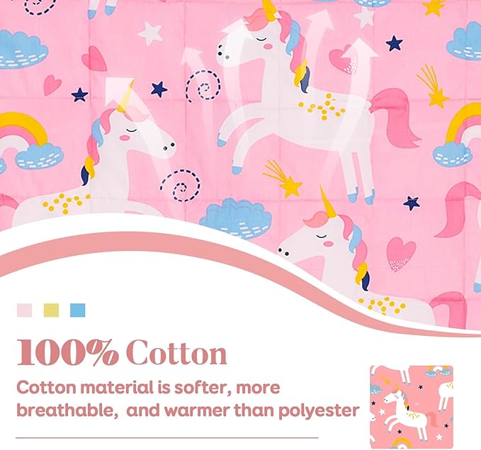 Sivio Weighted Blanket - 100% Cotton Weighted Blanket 7 lbs 41 x 60 inches, Washable Breathable Soft Heavy Blanket for Home and School Nap, Pink Unicorn