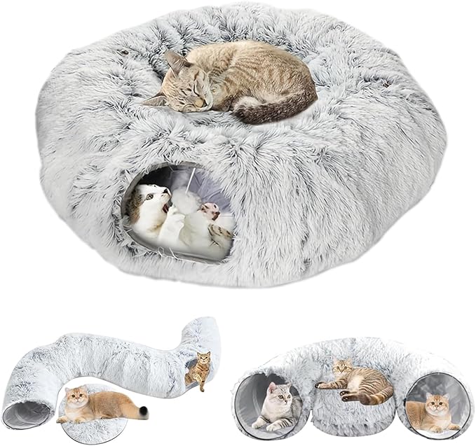 Cat Tunnel Bed for Indoor Cats Multifunctional Large Cat Tunnel 3 in 1 Cat Tubes and Tunnels Peekaboo Cat Cave Fluffy Donut-Shape Pet Play Tunnel for Multiple Cats Kitten Small Puppies (Grey)