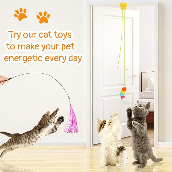Interactive Cat Toys Cat Teaser Wand Set and Hanging Cat Door Toys with 8pcs Cat Feather Replacement Toys Mice, Cat Toys Kitten Toys for Indoor