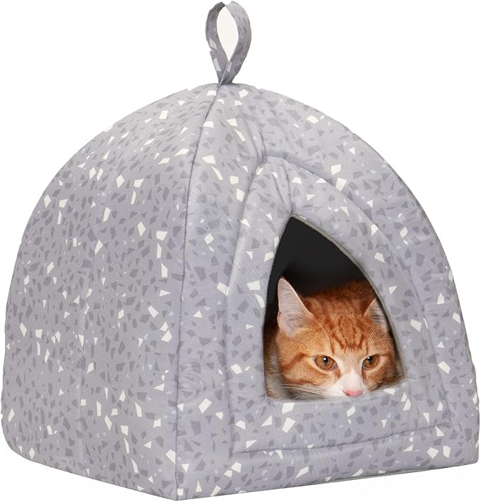 Furhaven Cat Bed Cave for Indoor Cats & Small Dogs, Washable & Foldable w/ Removable Cushion - Polycanvas Print Pet Tent - Gray Terazzo, Small