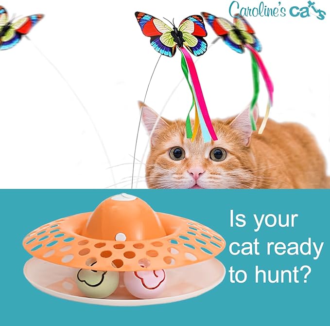 Caroline's Cats Automatic Butterfly Cat Toy – Interactive 2 in 1 with Auto Shut Off & Catnip Ball Track; Recommended Electric Exercise & Enrichment Game