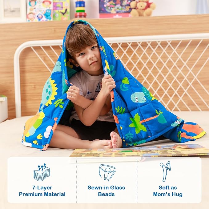 Sivio Weighted Blanket - All-Natural 100% Cotton Weighted Blanket 10 lbs 41 x 60 inches, Breathable Soft Throw Blanket for Calm Sleeping for Home and School Nap, Blue Dinosaur
