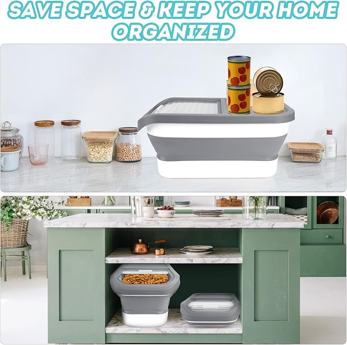 Pet Food Storage Containers, Collapsible Cat Food Container with Transparent Sliding Lid,10-13 lb Plastic Dog Food Bin with Measuring Cup and Dog Food Scoop