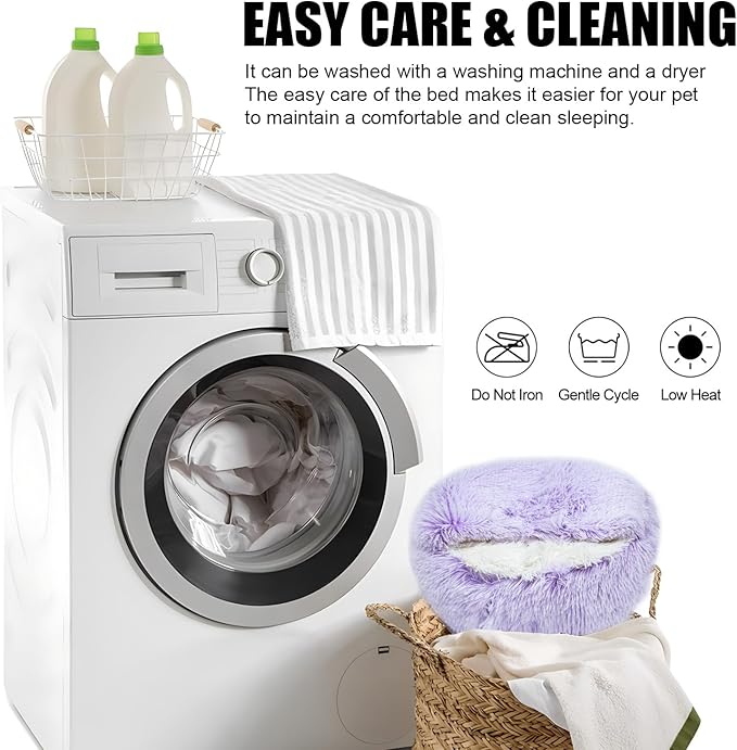 Calming Dog Beds & Cat Cave Bed with Hooded Cover,Washable Round Beds for Small Medium Pets,Anti-Slip Faux Fur Fluffy Coved Bed,Comfortable Warming Pet Bed(20 * 20inch,Purple)