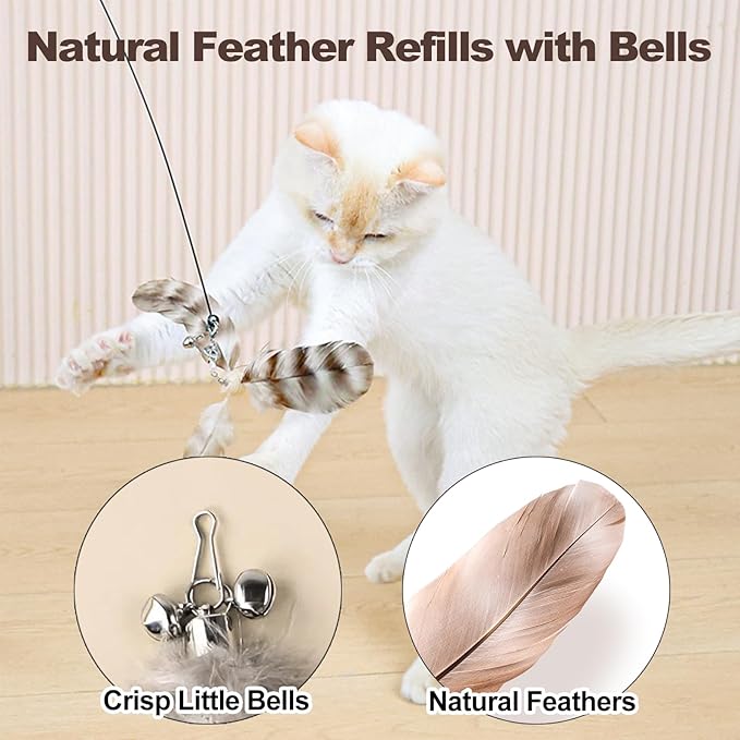 Kingtree Cat Teaser Wand Toys, Interactive Feather Cat Wand Toy with 5 Bell Feather Refills & 2Pcs 35'' Flexible Steel Wire Wood Handle Wands, Cat Feather Toys for Indoor Cats to Play Chase Exercise