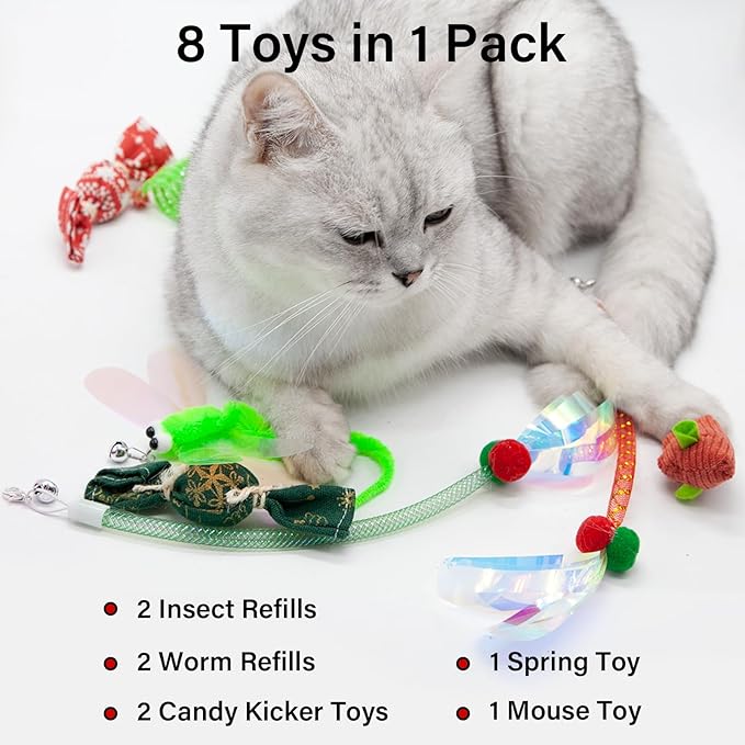 8 Pcs Christmas Cat Toy Box for Cats, Including 2 Cat Wand Refills, 2 Catnip Kicker Toys Red/Green, 1 Cat Mouse Toy, 1 Cat Spring Toy, 2 Worm Cat Teaser Toys for Indoor Cats