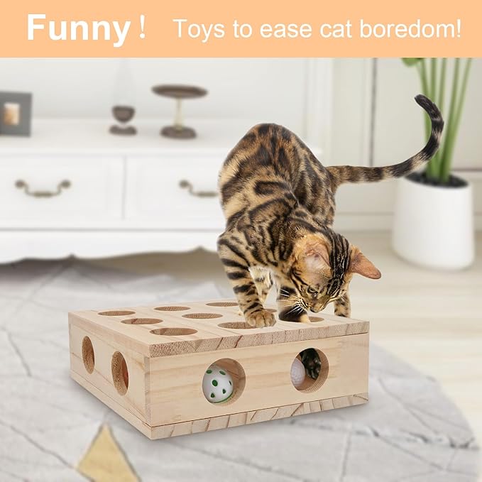 Hypeety Interactive Cat Toy Puzzle Box Wooden Treat Maze Scratcher Peek Play Toy Box Fun Interactive Cat Toy Fun Hide and Seek Cat Agility Toys