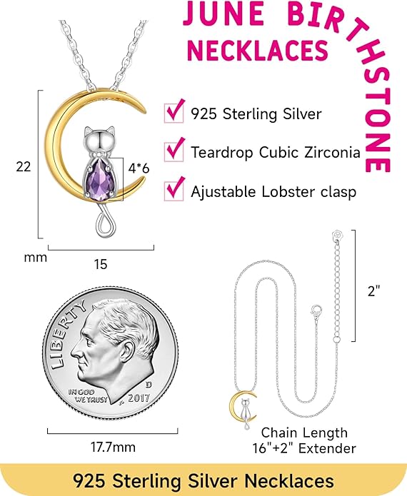 Birthstone Necklace for Women Girls, Cat Necklaces 925 Sterling Silver Teardrop Pendant 18K Gold-Plated Birthstone Jewelry Gifts for Birthday Easter