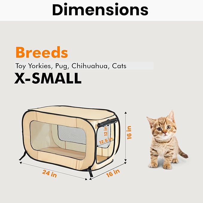 Beatrice Home Fashions Portable, Collapsible, Pop Up Kennel Travel Cat and Dog Crate, 24" L x 16.6" W x 16" H, Beige