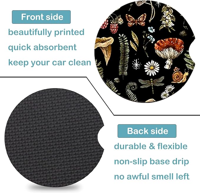 Car Coasters for Cup Holders,2 Pack Mushroom Car Coasters,2.75" Universal Size Anti Slip Rubber Mat,Automotive Cup Holder Decal Decor Accessories,Mushroom Gifts for Women,Men,Mom