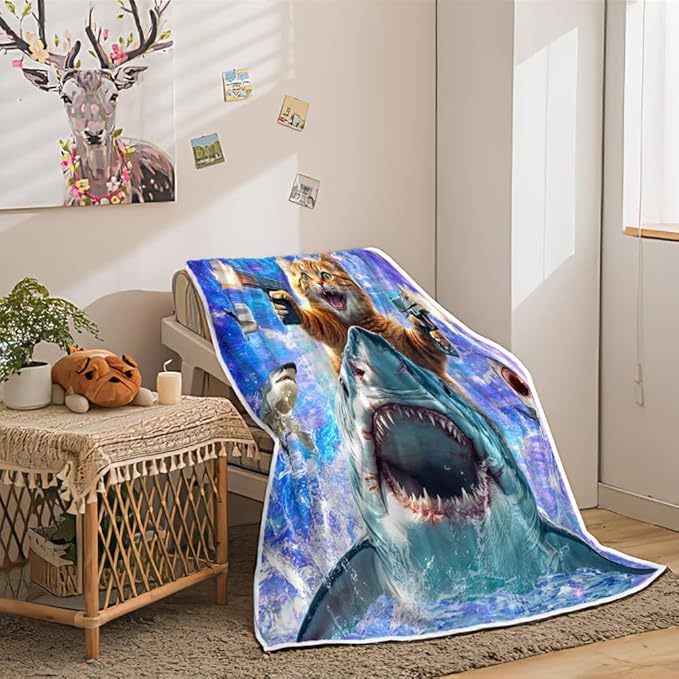 Funny Cat Blanket for Teens, Cool Cat Riding Shark Design Cute Cat Lover Throw Blankets for Girls Boys Adult Women Men Plush Cozy Flannel Fleece Ultra Soft Fuzzy Nebula Galaxy Kitten Party Blanket