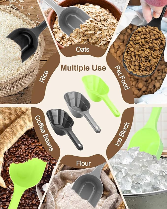 3PCS Dog Food Scoop, 1 Cup Plastic Pet Food Scoop with Measuring Lines 1/2 Cup and 1 Cup for Dogs, Cats, Birds and Rabbits (Green,Grey and Black)