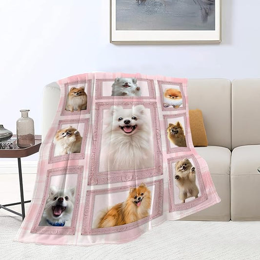 Cute Pomeranian Dog Blanket Pink Pomeranian Decor Throw Blanket Super Warm Soft Plush Lightweight Fleece Flannel Blanket Gifts for Puppy Lovers Girls Women Boys Kids for Winter Couch Bedding 50"X60"