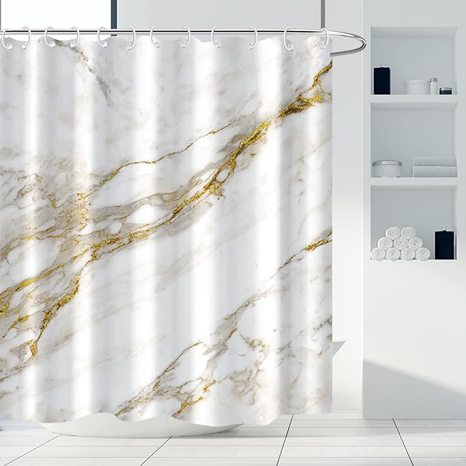 AWERT Abstract Minimalism White and Gold Ink Art Marble Shower Curtain for Bathroom Modern High Definition Printing Waterproof Shower Curtain with Hooks Bathroom Decor 60x72inch
