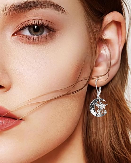 Black Cat/Bat/Spider/Pumpkin/Wolf/Bunny/Sun and Moon/Turtle/Raven 925 Sterling Silver Leverback Dangle Earrings Moon Gothic Christmas Earrings Jewelry Gift for Women