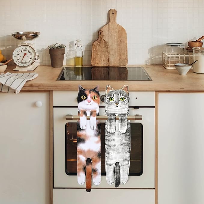 Cat Funny Hand Towels for Bathroom Kitchen- Cute Decorative Kitten Decor Hanging Face Towels- Unique Housewarming Valentines Mothers Birthday Gifts for Women Mom Cat Lovers