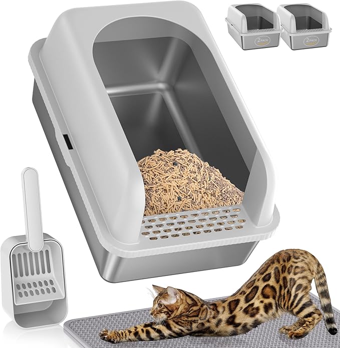 2 Pack Stainless Steel Cat Litter Box, 24'' XL Extra Large Cat Litter Box with Lid, Metal Litter Box for Multiple Cats, Anti-Leakage,Non-Stick, Easy to Clean, Included Cat Litter Mat, Scoop