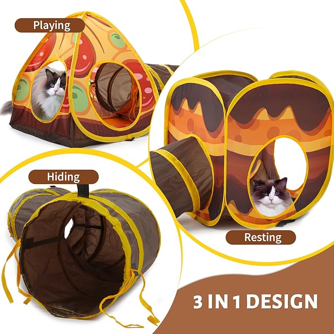 Cat Tunnel Toy and Cubes Combo Cat Tunnels for Indoor Cats Tube with Play Ball,Interactive Crinkle Collapsible Tent for Hiding Hunting and Resting, All in One Set of 3, Pizza
