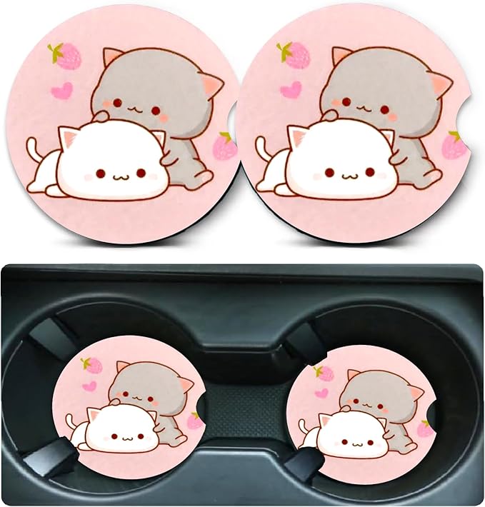 Car Coasters for Cup Holders,2 Pack Cat Car Cup Holder Coasters,2.75" Universal Size Anti Slip Rubber Mat,Automotive Cup Holder Decal Decor Accessories,Gifts for Cat Lovers Women,Men,Mom