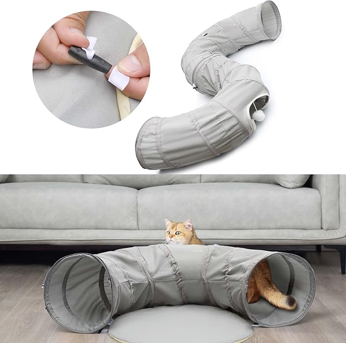 AUOON Cat Tunnel Bed with Central Mat,Big Tube Playground Toys,Soft Plush Material,Full Moon Shape for Kitten,Cat,Puppy,Rabbit,Ferret (Light Grey)