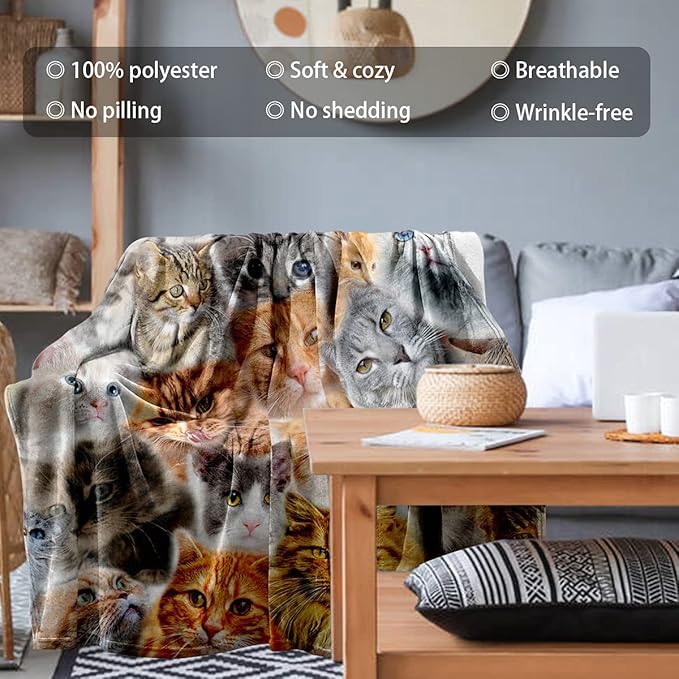 Twin Size Fleece Throw Blanket for Bed Couch Sofa, Fuzzy Soft Cozy Blankets and Throws Warm Lightweight Plush Blanket for Women Men, 60 x 80 inches, Cute Cats Pattern