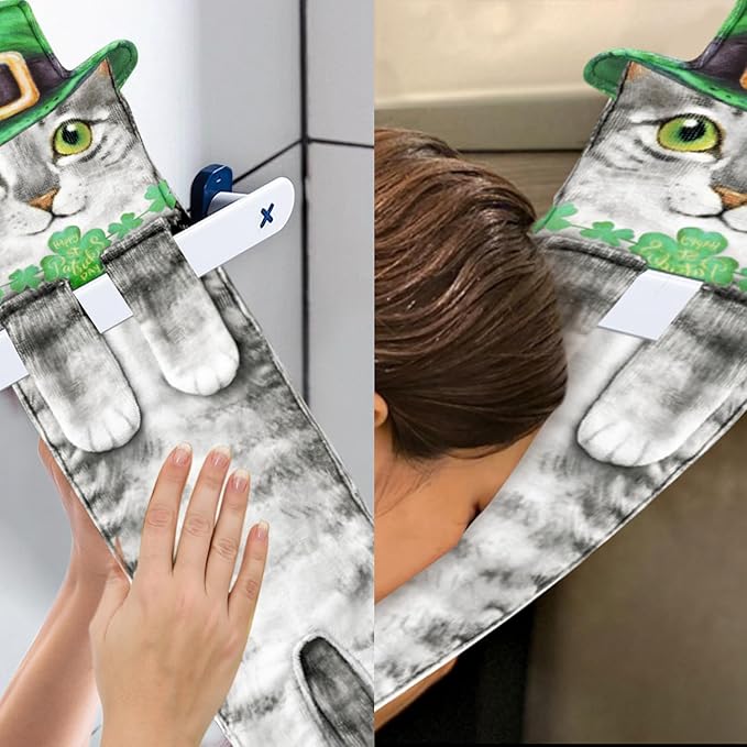 Funny St Patricks Day Cat Hand Towels for Bathroom Kitchen - Cute Green Shamrock Decorative Cat Decor Hanging Towels Super Absorbent Soft - Housewarming Birthday Gift for Women Cat Lovers - Grey