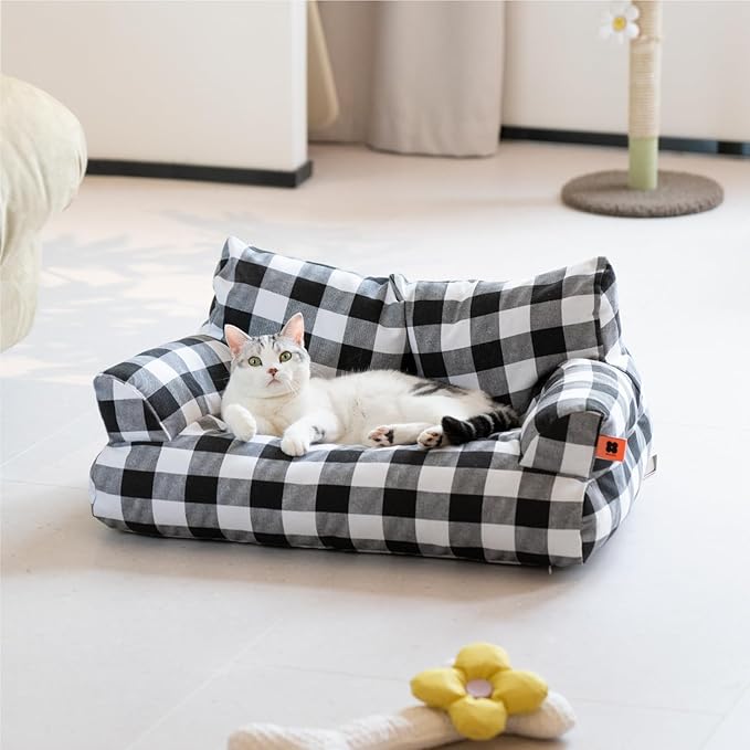 MEWOOFUN Pet Sofa Bed for Medium Pets Cat Couch Cat Bed with 26×19×13 Inch Removable Washable Cover Nonskid Bottom Puppy Couch Pet Bed up to 25 lbs (Black & White)