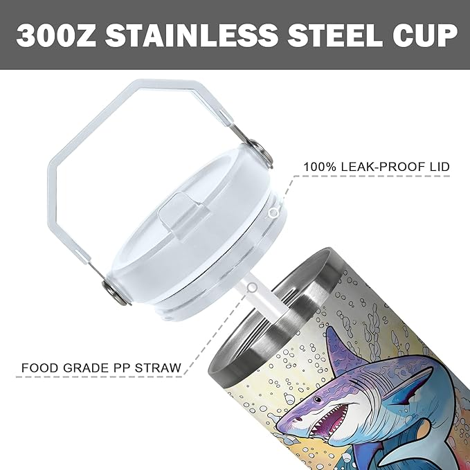 30 Oz Shark Tumbler with Handle and Straw, Insulated Shark Cups with Straws, Double Wall Stainless Steel Shark Mug, 30 Oz Leak Proof Shark Coffee Mug and Shark Tumbler for Adults Gifts