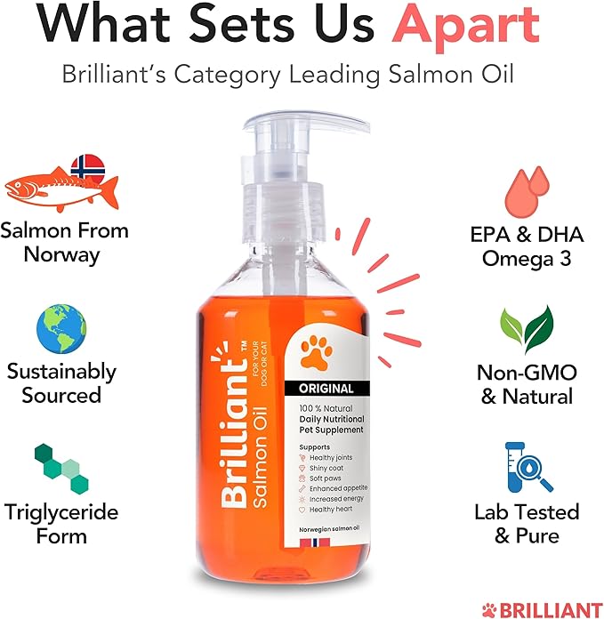 Brilliant Salmon Oil for Dogs, Cats & Puppies | Omega 3 Fish Oil Liquid Supplement with DHA, EPA Fatty Acids | Supports Skin and Coat, Immune System & Joint Function | Hofseth BioCare (34oz)