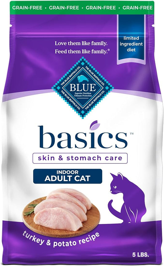 Blue Buffalo Basics Grain-Free Dry Cat Food, Skin & Stomach Care, Limited Ingredient Diet for Indoor Cats, Turkey & Potato Recipe, 5-lb. Bag