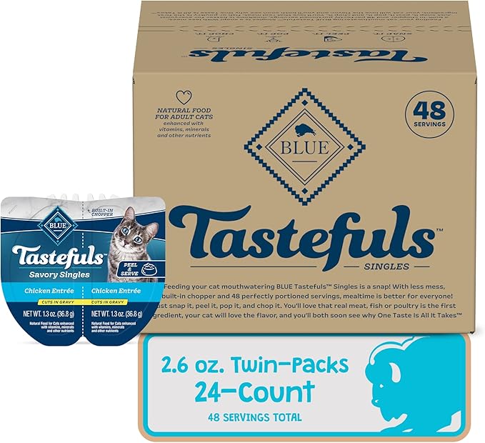 Blue Buffalo Tastefuls Savory Singles Natural Wet Cat Food in Gravy, 2.6-oz. Twin-Pack Trays, Chicken Entreé (24 Count)