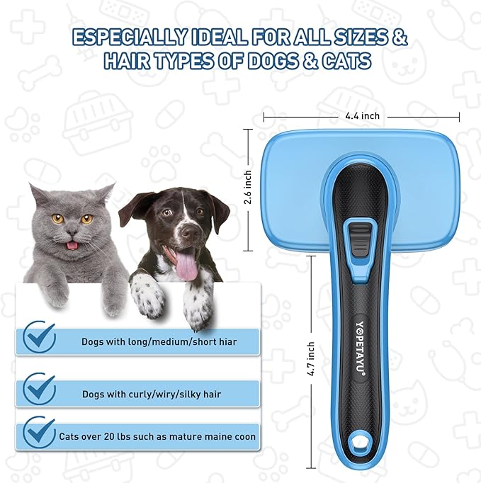 Dog Brush for Shedding, Self-Cleaning Slicker Brush, Perfect for Short & Long Haired Pets, Removes Mats, Tangles, Loose Fur, Gentle on Skin, Ideal for Small, Medium, Large Dogs. Blue