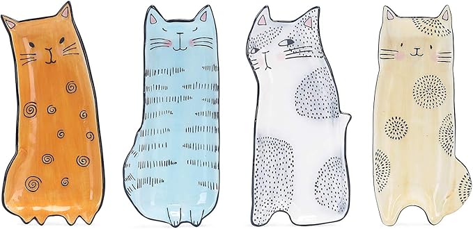 Bico Cartoon Cat Appetizer Plates Set of 4, Small Stoneware Ceramic Plates for Appetizer, Snacks, Sauce, Assorted Color, Microwave and Dishwasher Safe