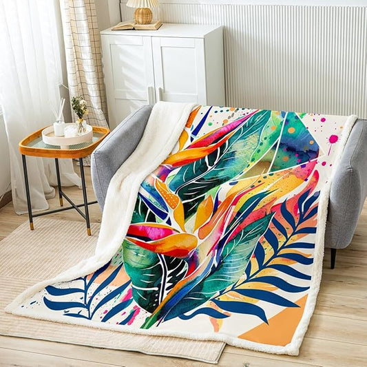 Tropical Leaves Fleece Throw Blanket Botanical Floral Printed Plush Blanket for Sofa Couch Bed Geometric Triangles Sherpa Blanket Bird Flower Leaf Fuzzy Blanket Colorful Room Decor Queen 90x90 Inch