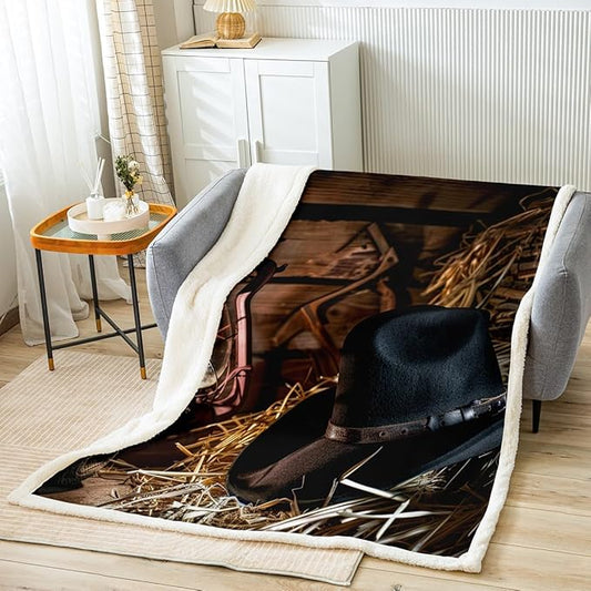 Western Cowboy Sherpa Blanket Wild West Themed Cowboy Plush Blanket Retro Cowboy Style Fleece Throw Blanket for Sofa Couch Bed Grunge Design Fuzzy Blanket Ultra Soft Room Decor Twin 60x80 Inch