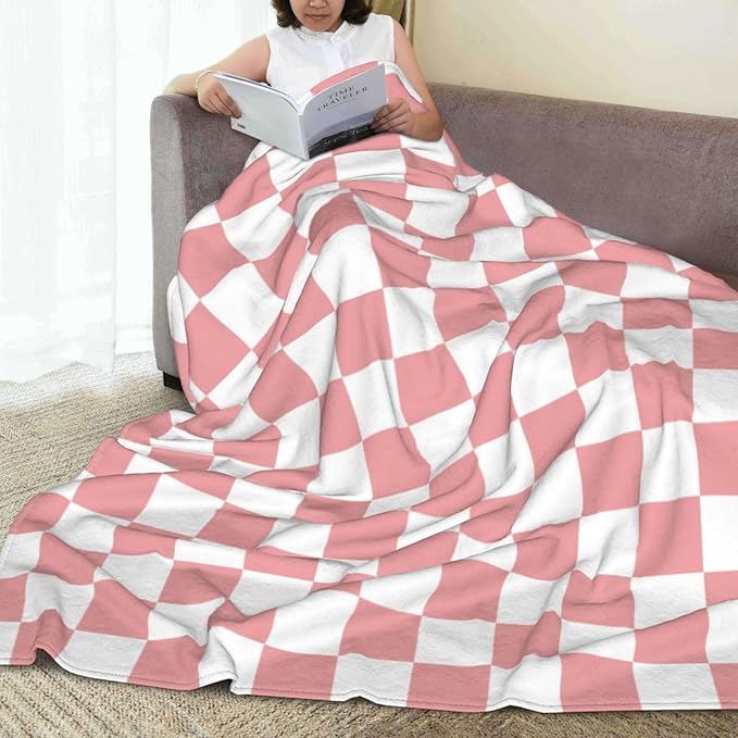 Rosy White Checkerboard Throw Blanket Soft Cozy Plush Warm Fleece Blanket for Sofa Couch Bed 60"X50"
