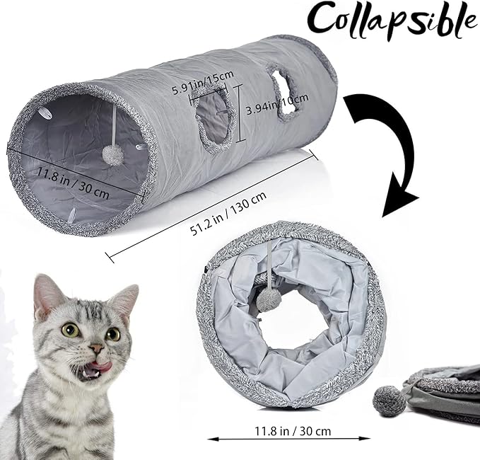 LeerKing Extra Long Cat Tunnel 51"(L) Dia 12" for Large Fat Cat Crinkle Tube connectable Indoor Outdoor Hideaway Toy for Rabbit Puppy, Grey