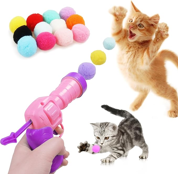 Mewlmart Cat Toys Interactive for Indoor Cats Kitty Toys Cat Toys for Indoor Cats Pom Pom Balls Cat Ball Toy Plush Ball Launcher for Cats Puff Balls Cat Enrichment Toys 30 Balls
