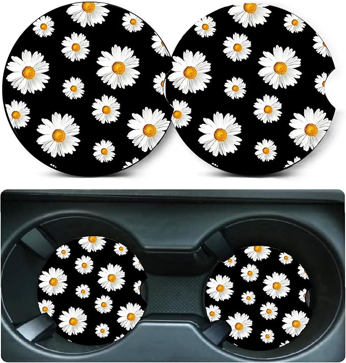 Car Coasters for Cup Holders,2 Pack White Daisy Car Cup Holder Coasters,2.75" Universal Size Anti Slip Rubber Mat,Automotive Cup Holder Decal Decor Accessories,Daisy Gifts for Women,Men,Mom