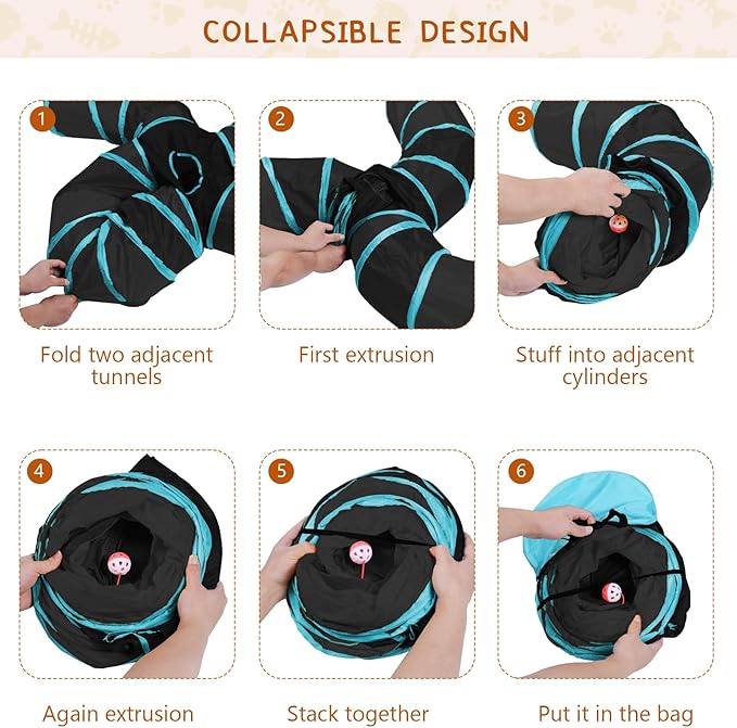 Cat Tunnels for Indoor Cats, 5 Way Cat Tubes and Tunnels Collapsible S-Shaped Cat Toys, Kitty Tunnels with Play Ball, Interactive Pet Tube Toys for Puppy, Kitty, Kitten, Rabbit, Blue & Black