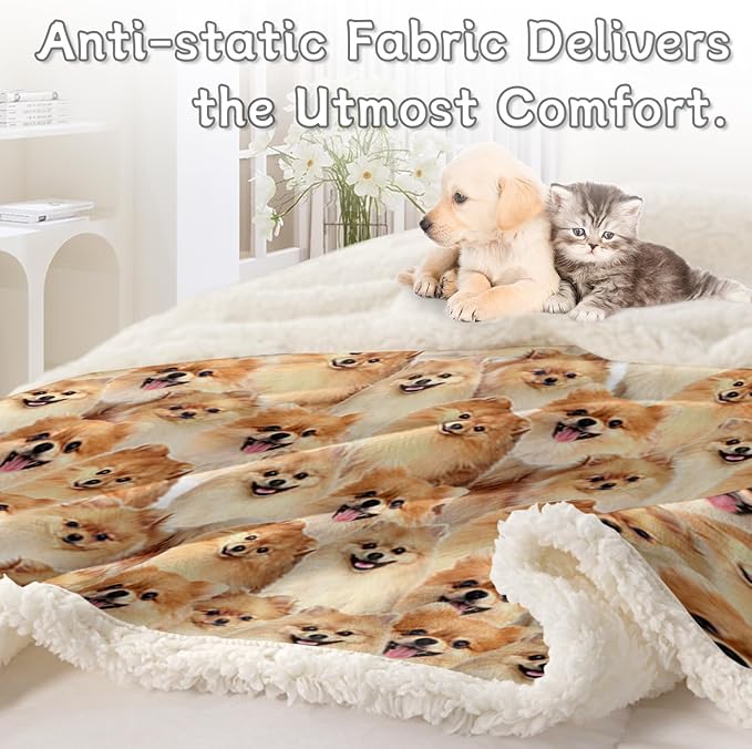 BlessLiving Fuzzy Dogs Blanket - Pomeranian Throw, Reversible Sherpa Fleece, Cute Puppy Design, 50 x 60 Inches
