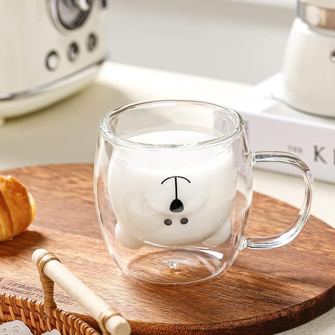 Bear Cute Mugs Kawaii Double Wall Glass Coffee Tea Mill Yogurt Cup Funny Novelty Gift for Women Her Friends Office Birthday Christmas (Bear with handle)